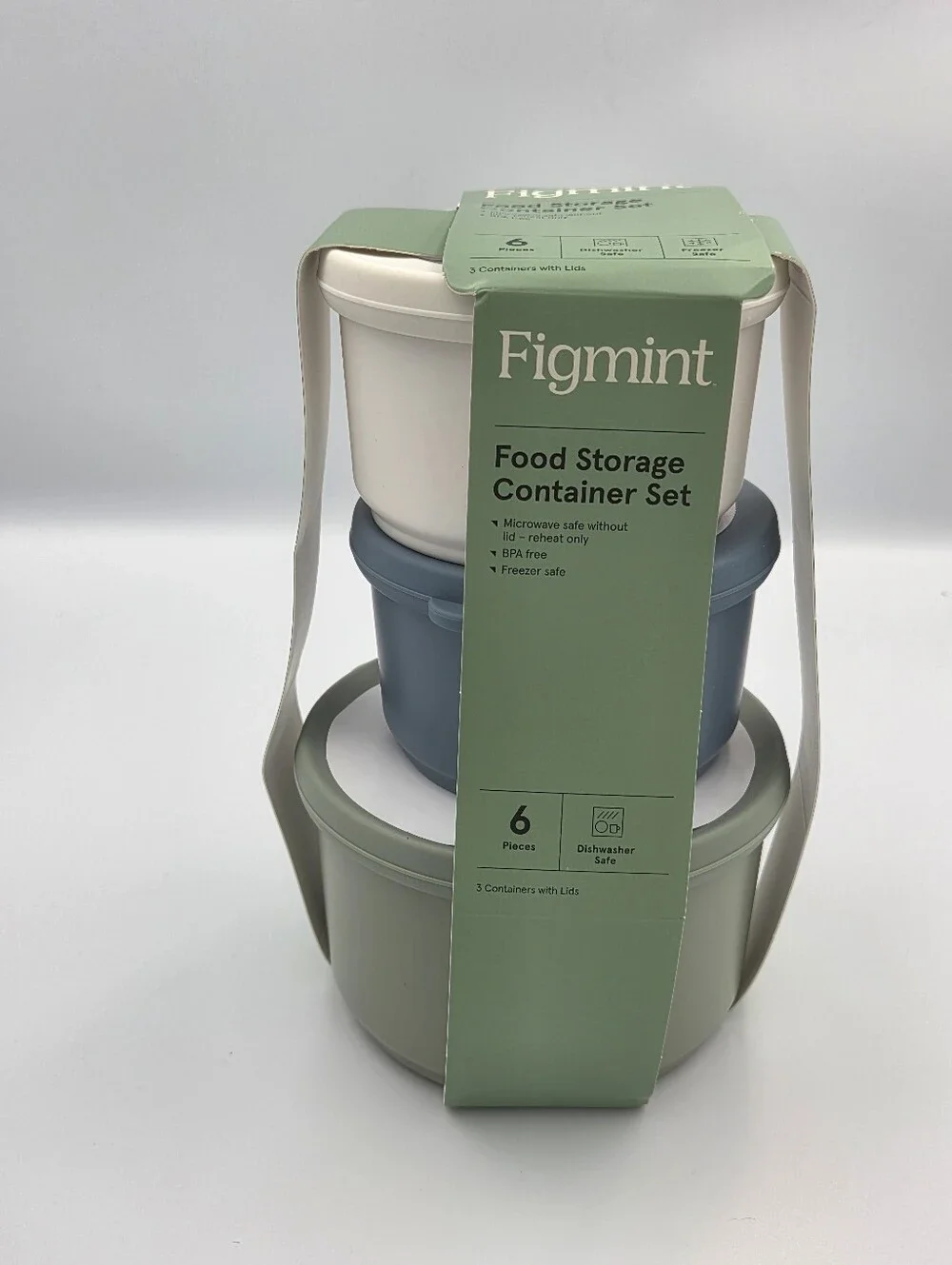 Figmint Set of 3 Round Food Storage Containers in Blue, Sage, and White Nwt